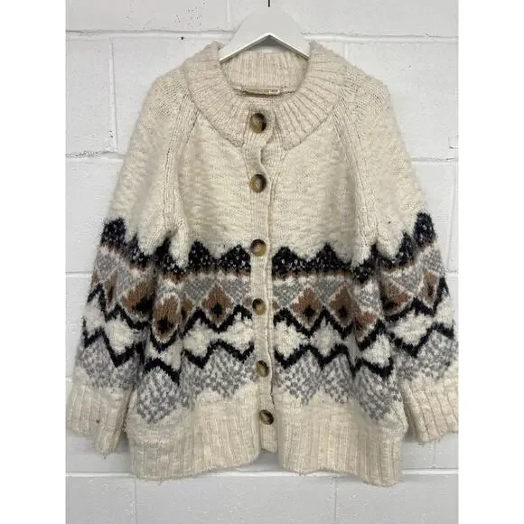 Vanessa Bruno Sz L Cream Vivi Fair Isle Nordic Oversized Wool Cardigan Sweater - Picture 3 of 6